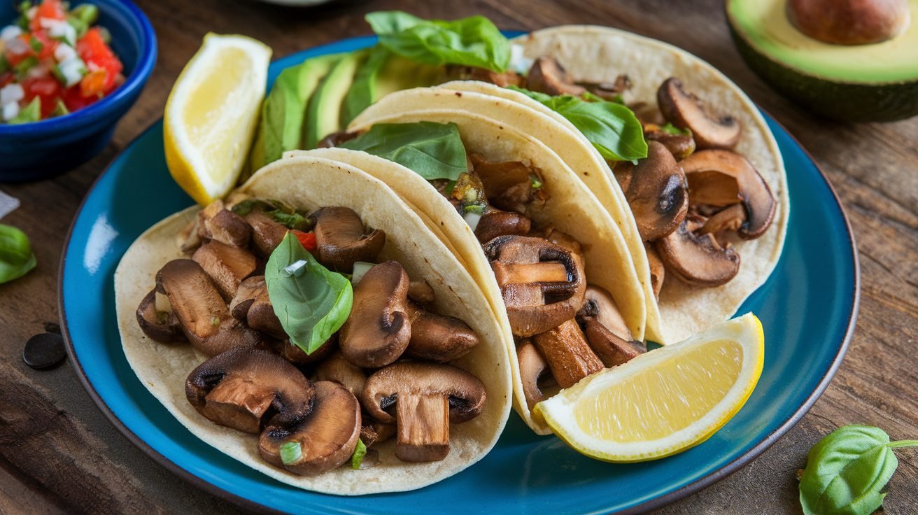 Lemon Basil Mushroom Tacos on a plate with fresh basil and lemon, served with avocado and salsa.