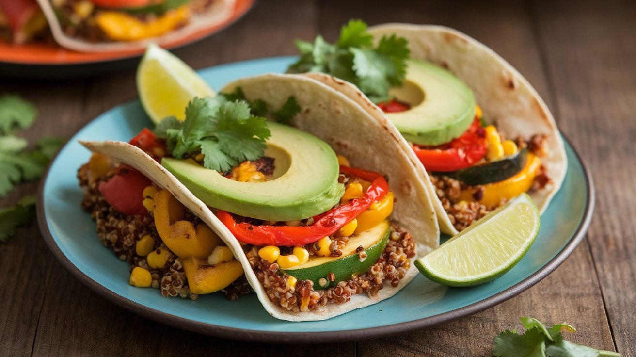A plate of roasted veggie and quinoa tacos with bell peppers, zucchini, corn, garnished with cilantro and avocado, on a rustic table.