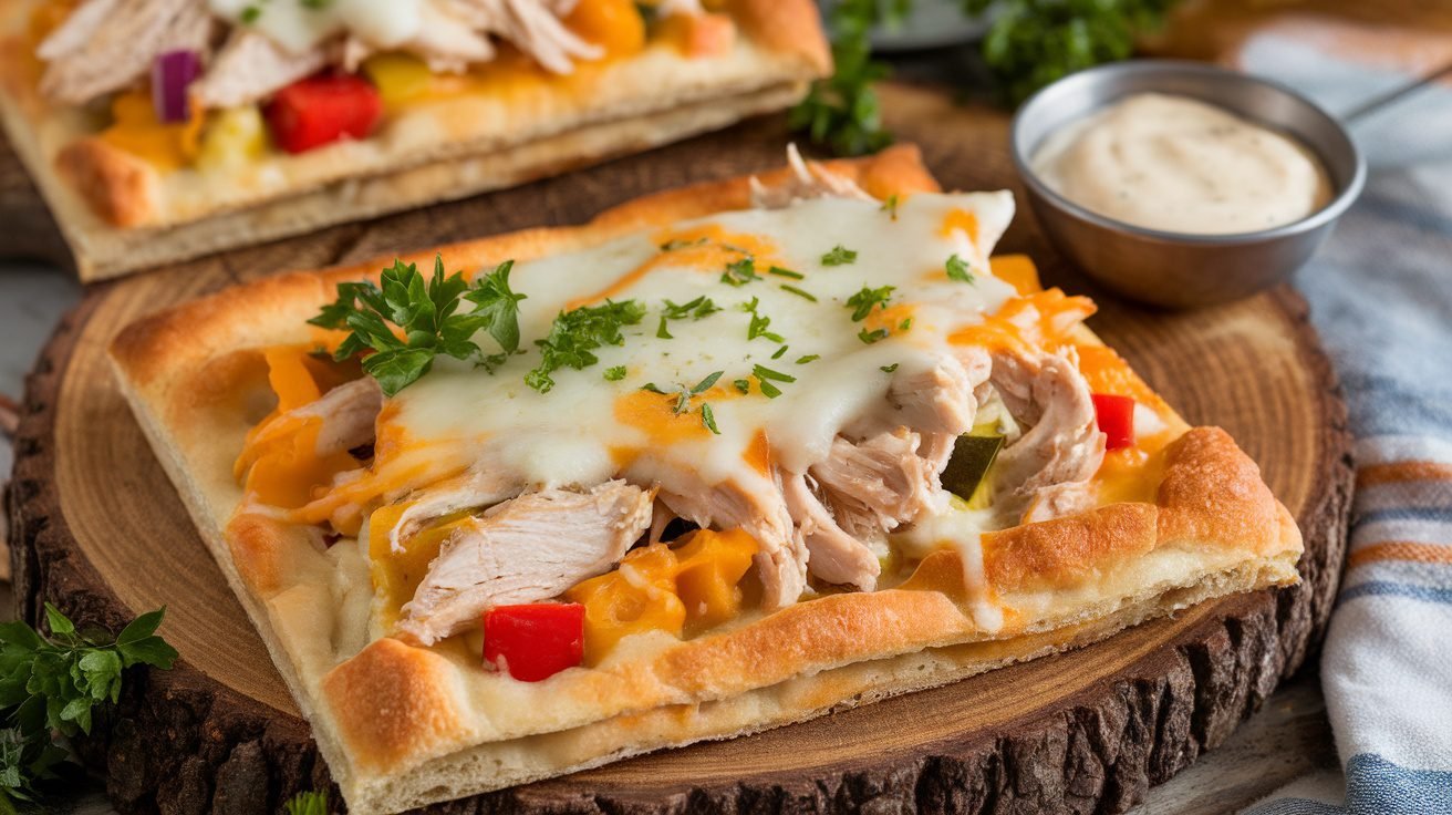 Chicken Pot Pie Flatbread topped with chicken, vegetables, and cheese, garnished with parsley on a wooden board.