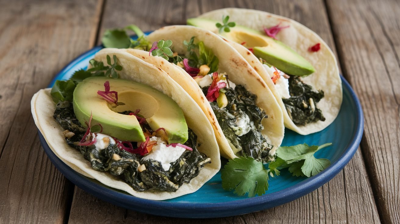A plate of spinach and ricotta tacos, garnished with herbs and avocado slices, on a rustic wooden table.