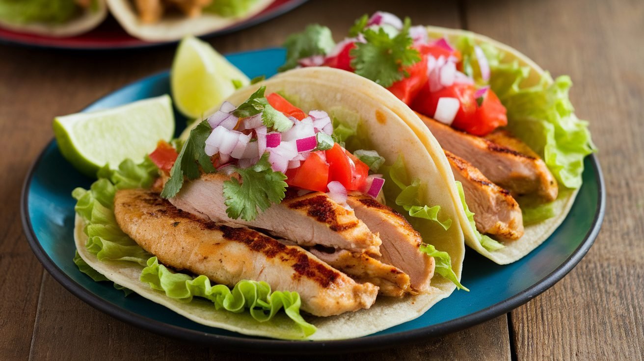 A colorful plate of Smoky Lemon Chicken Tacos with toppings, served with lime wedges on a rustic table.