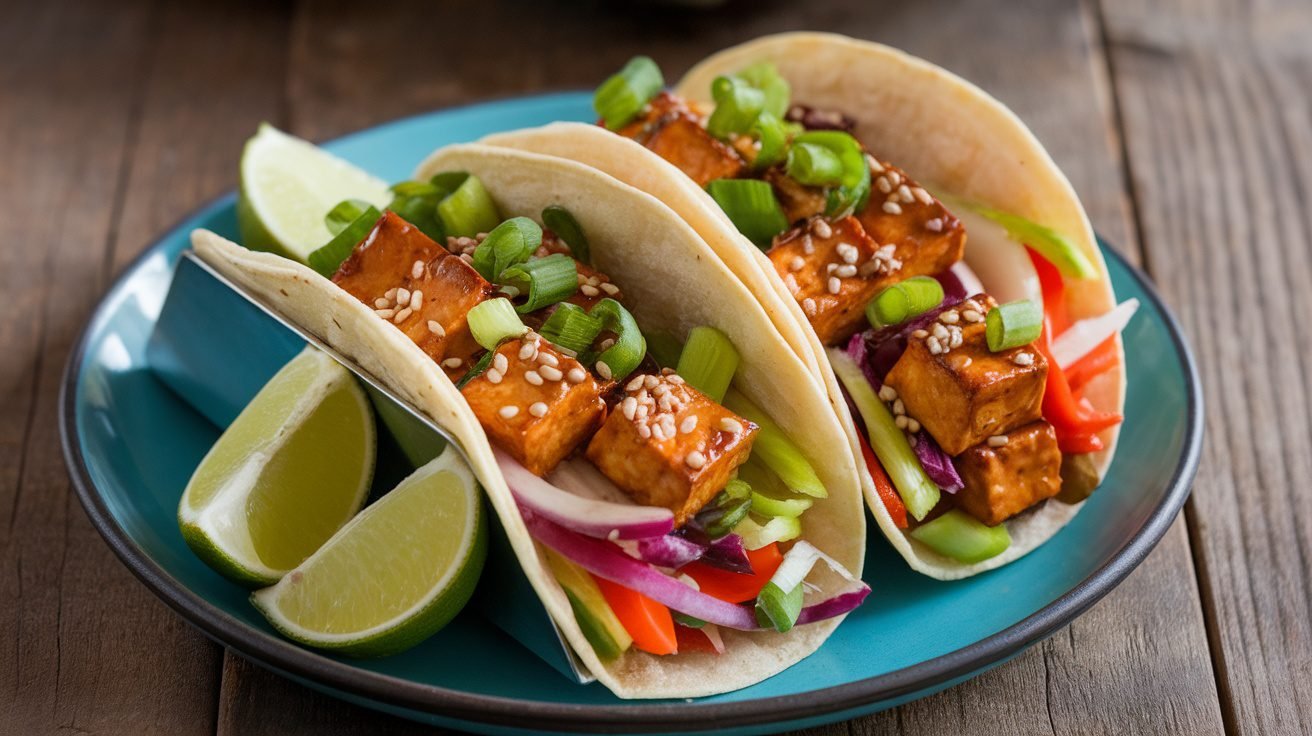 Teriyaki Veggie and Tofu Tacos with colorful vegetables and tofu, garnished with green onions and lime wedges on a rustic table.