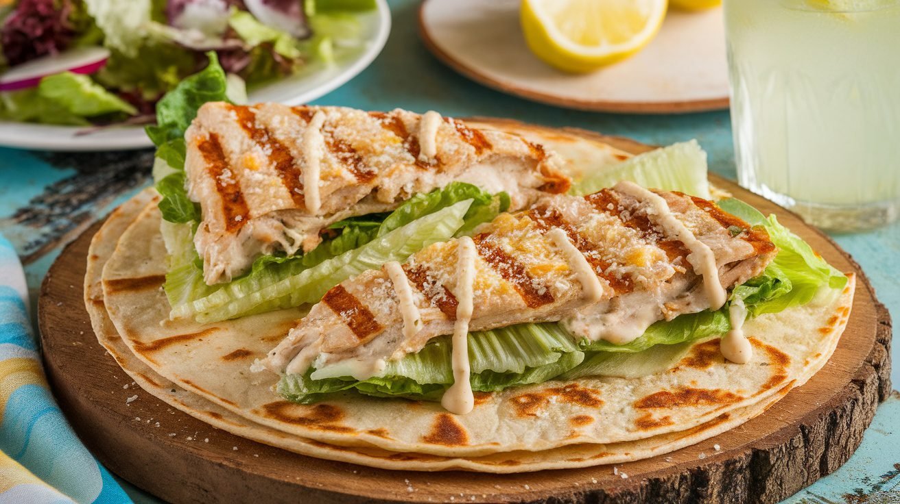Chicken Caesar Quesadilla Pizza with melted cheese, grilled chicken, romaine lettuce, and Parmesan, served on a wooden board.