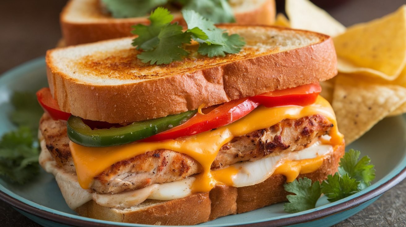 A Chicken Fajita Cheddar Melt with melted cheese, chicken, and vegetables on a plate with tortilla chips.