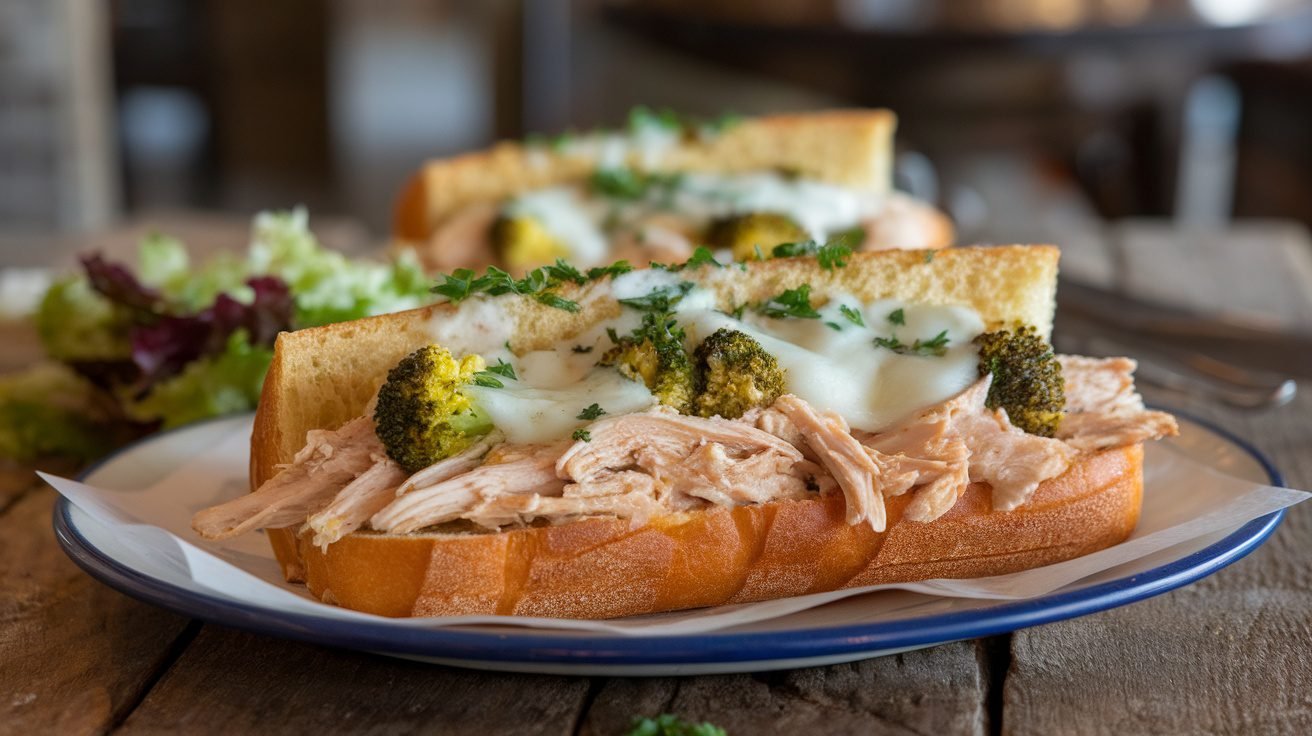 Chicken and Broccoli French Bread Melt with melted cheese and parsley on a wooden table.