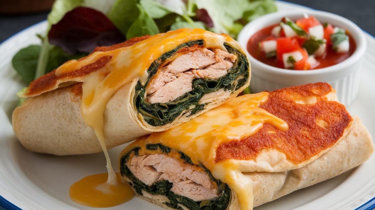 A crispy chicken and spinach wrap melt cut in half, showing melted cheese and spinach, served with salsa on a plate.