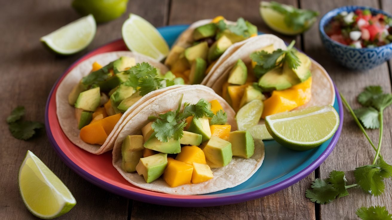 Avocado lime and mango tacos on a plate with lime wedges and salsa.