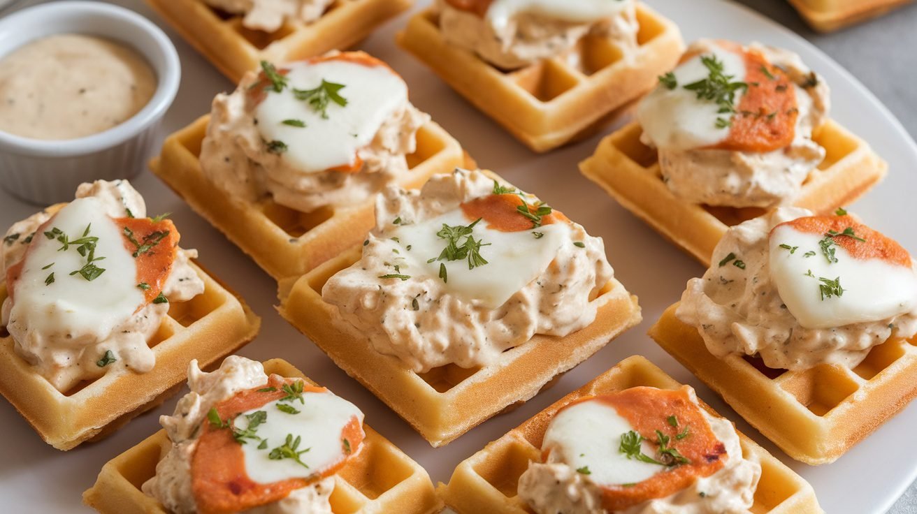Mini waffles topped with chicken Alfredo and cheese, garnished with parsley, served on a plate.