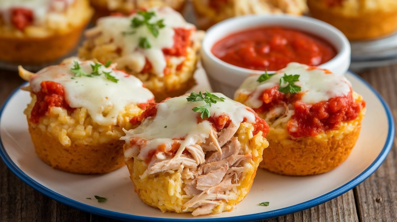 Golden Chicken Parmesan Rice Muffins on a plate with marinara sauce, garnished with parsley.