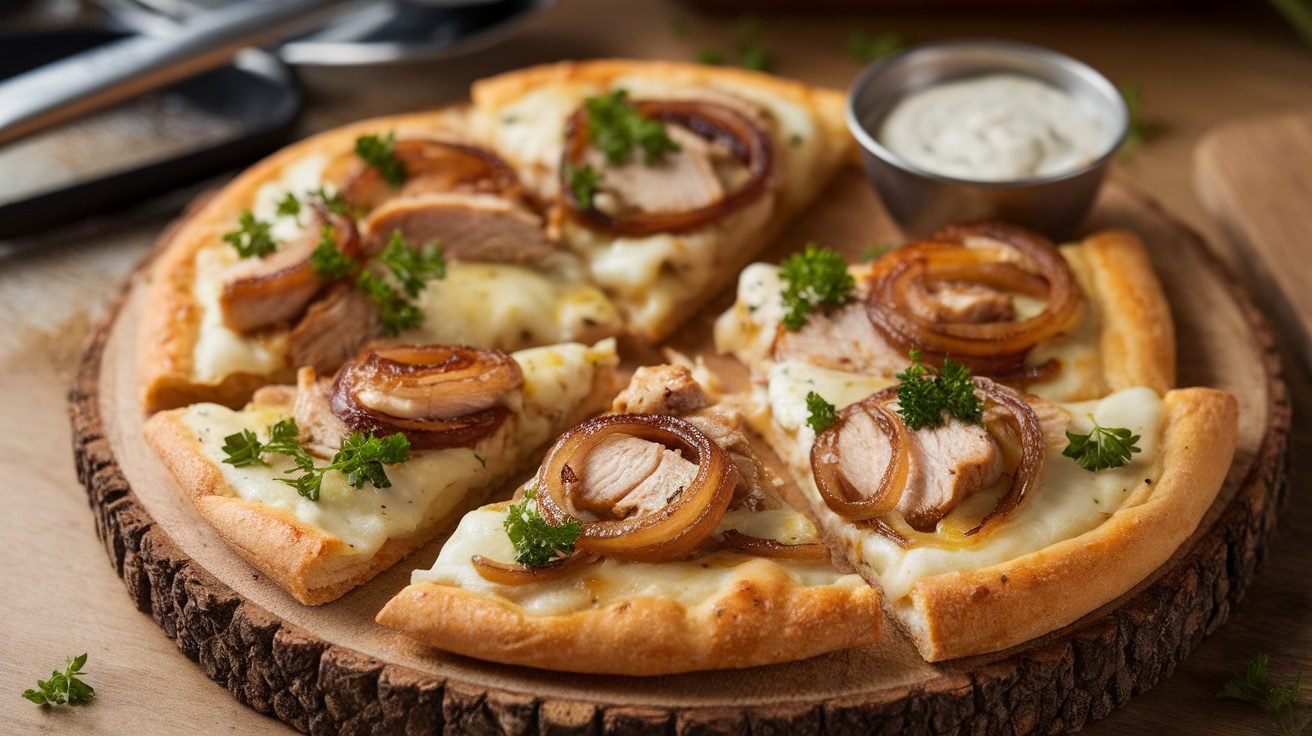 Chicken and Caramelized Onion Flatbread with melted cheese and parsley on a wooden board.