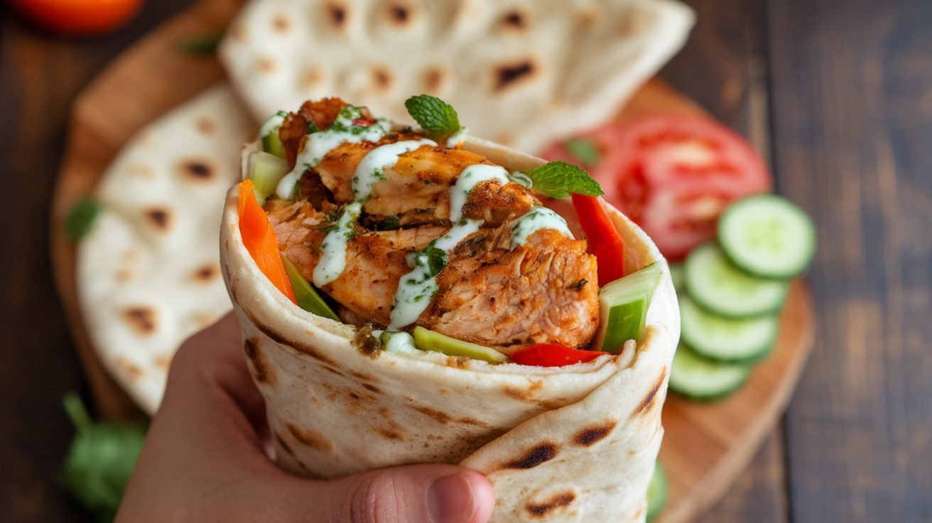 A Chicken Tikka Naan Wrap filled with chicken, lettuce, cucumber, and tomatoes on a wooden table.
