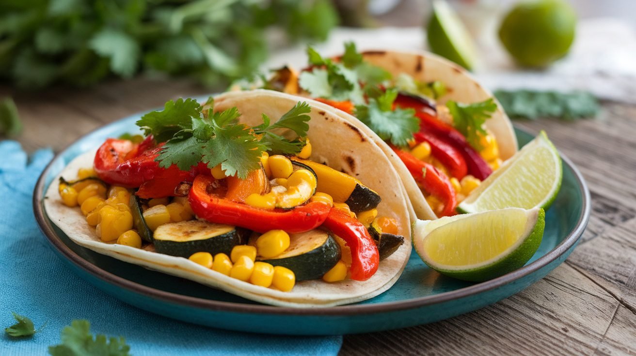Garlic roasted veggie tacos with colorful vegetables and cilantro on a wooden table with lime wedges.