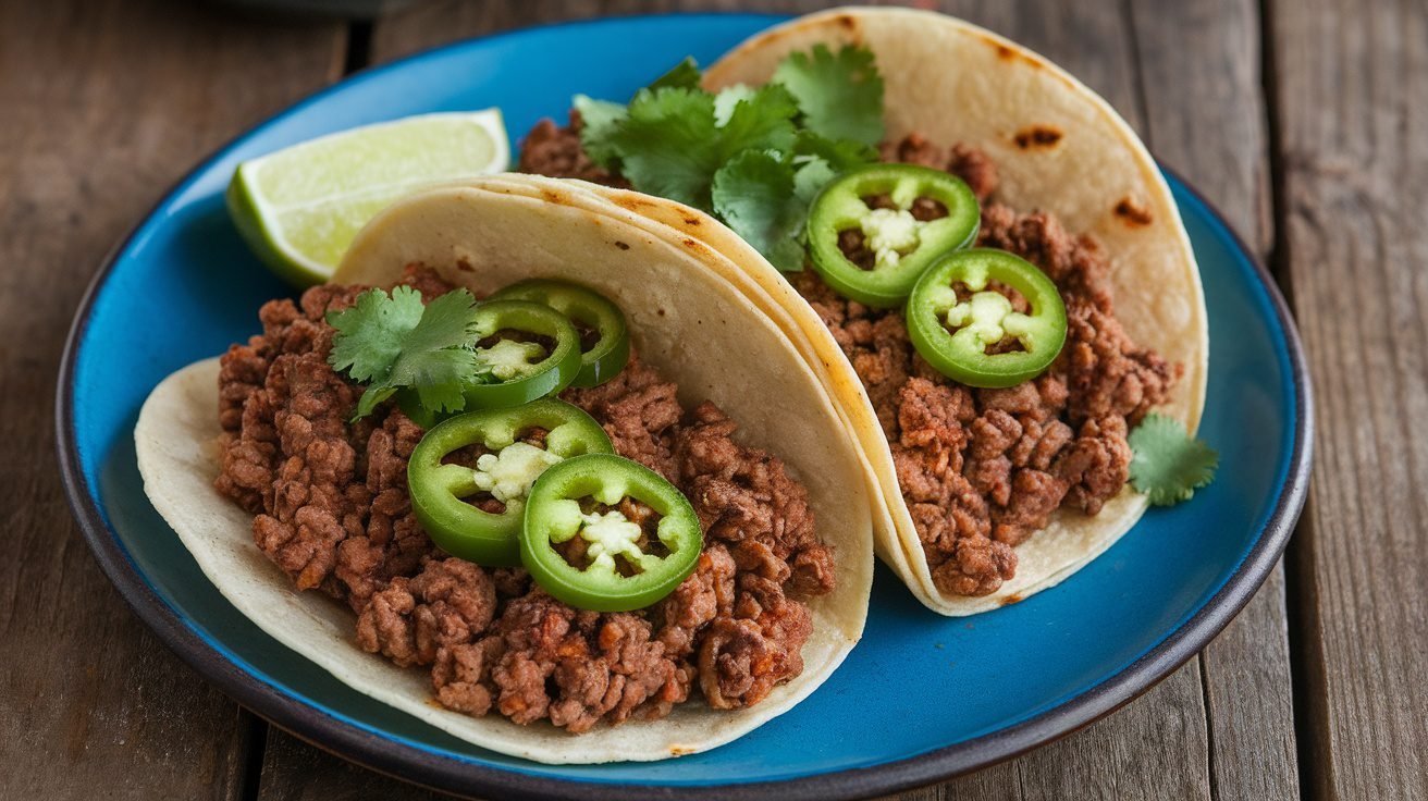 Charred jalapeño beef tacos with cilantro and lime on a wooden table.