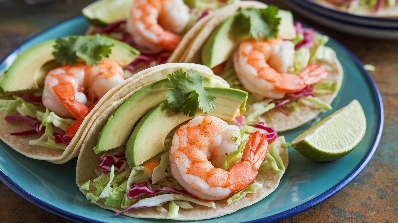 Creamy Sriracha shrimp tacos topped with cabbage and avocado on a rustic table.