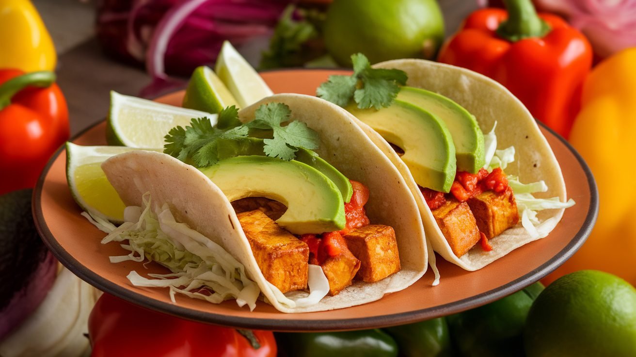 A plate of Sriracha Lime Tofu Tacos with crispy tofu, cabbage, avocado, and lime wedges.