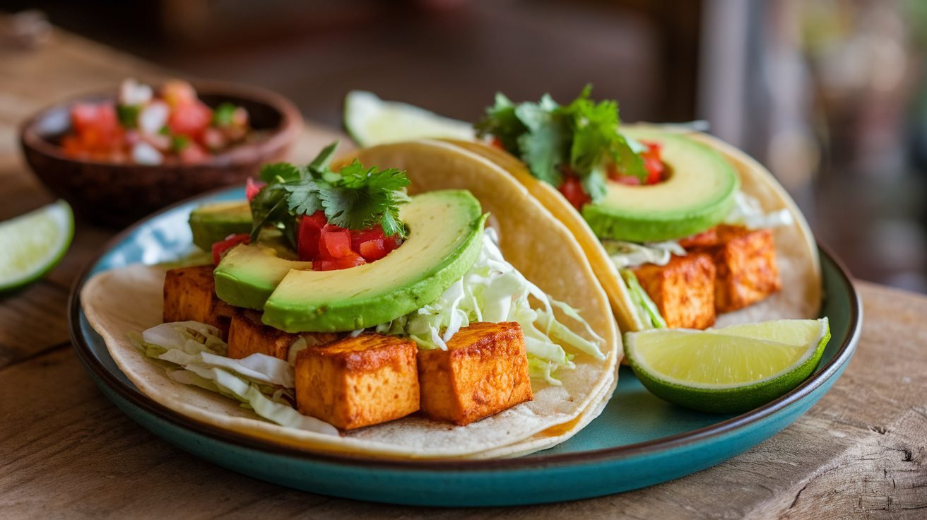 Lemon Garlic Tofu Tacos with tofu, cabbage, avocado, and cilantro on a wooden table with salsa.