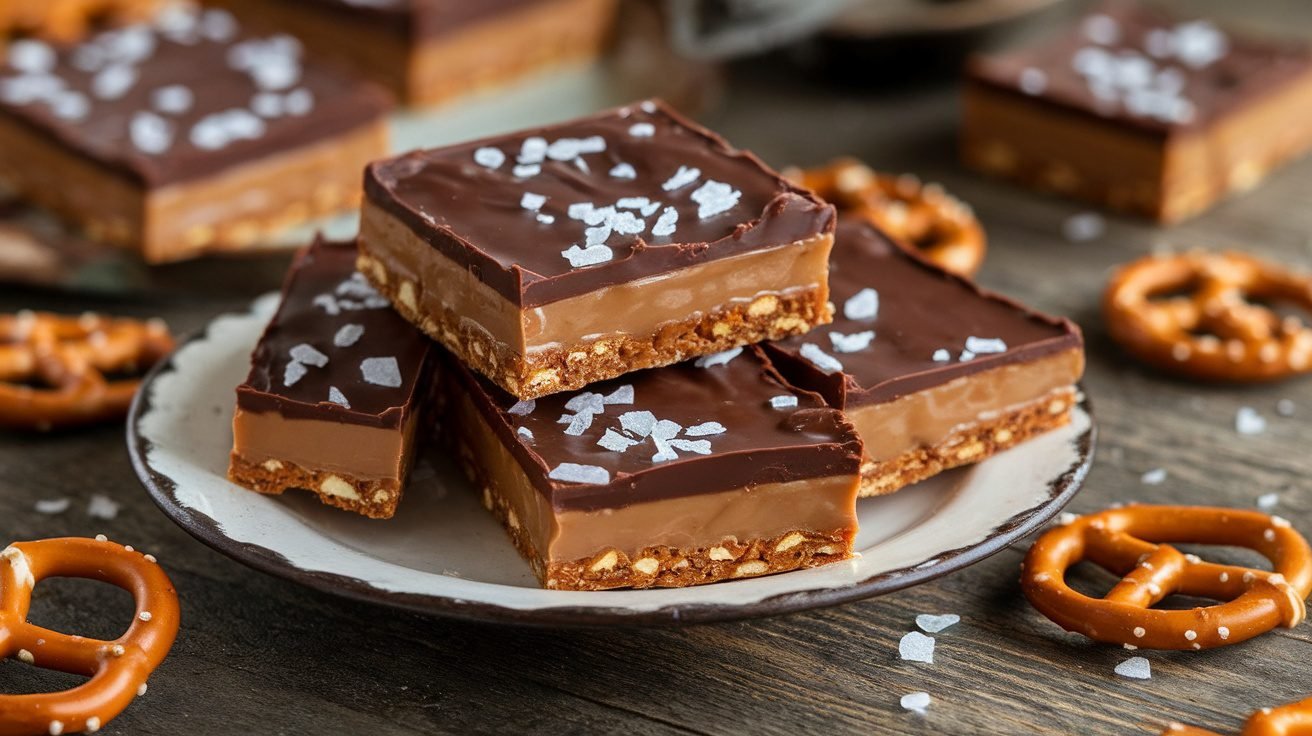 Salted caramel pretzel bars with a crunchy base, caramel layer, and chocolate topping, garnished with sea salt.