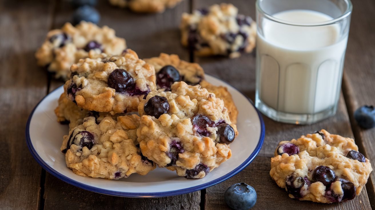 Chewy blueberry oatmeal cookies on a plate with blueberries, served with a glass of milk.