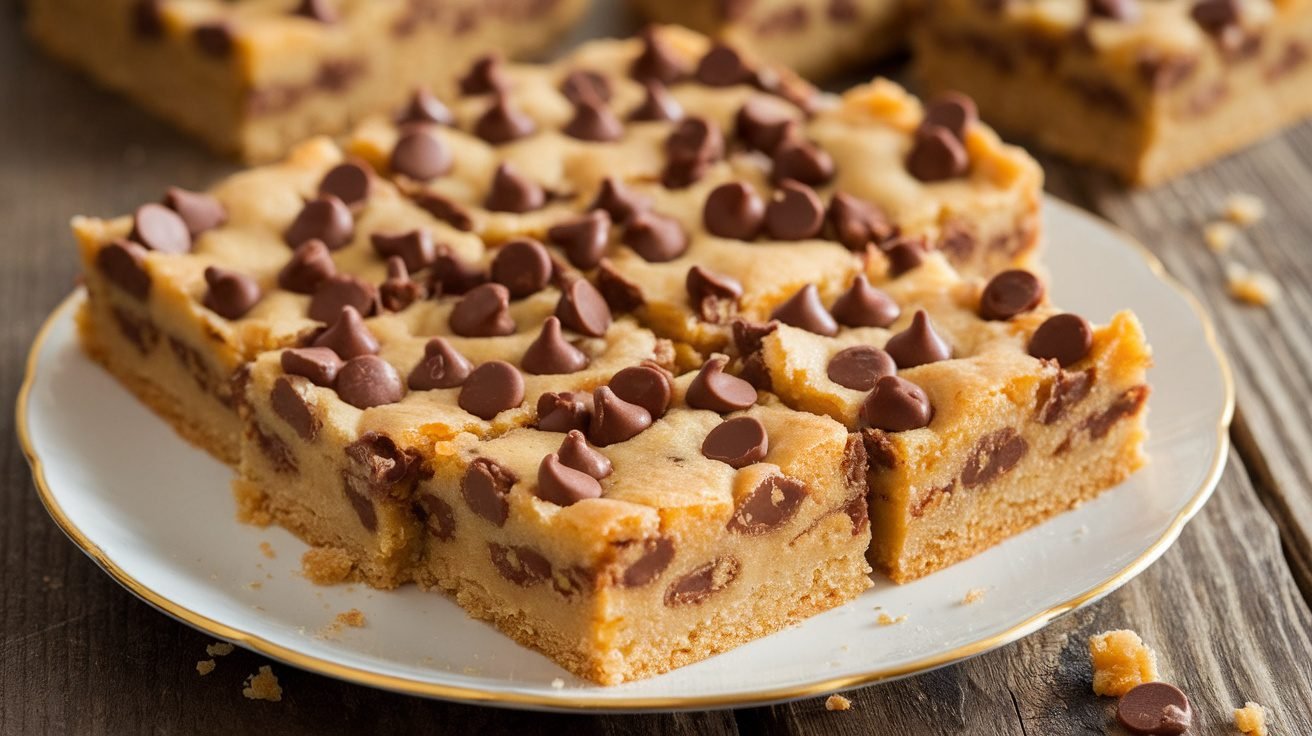 A plate of butterscotch chocolate chip bars, golden and gooey, with chocolate chips, on a rustic wooden table.