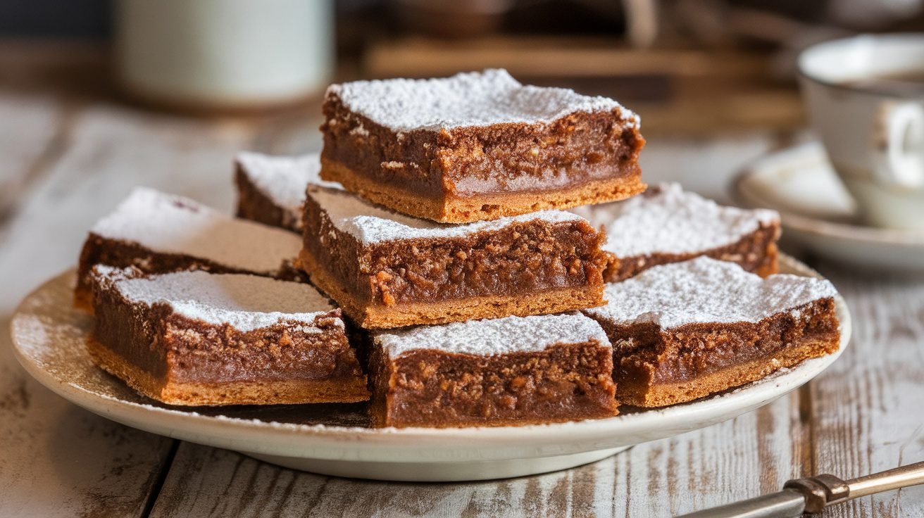 Chewy molasses bars on a plate, dusted with powdered sugar, set on a rustic wooden table.