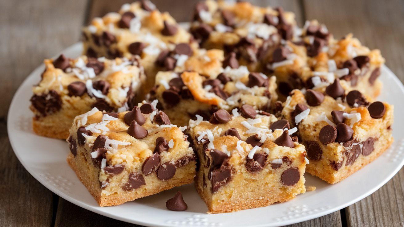 Chocolate Chip Coconut Bars on a plate, golden brown with chocolate chips and coconut.