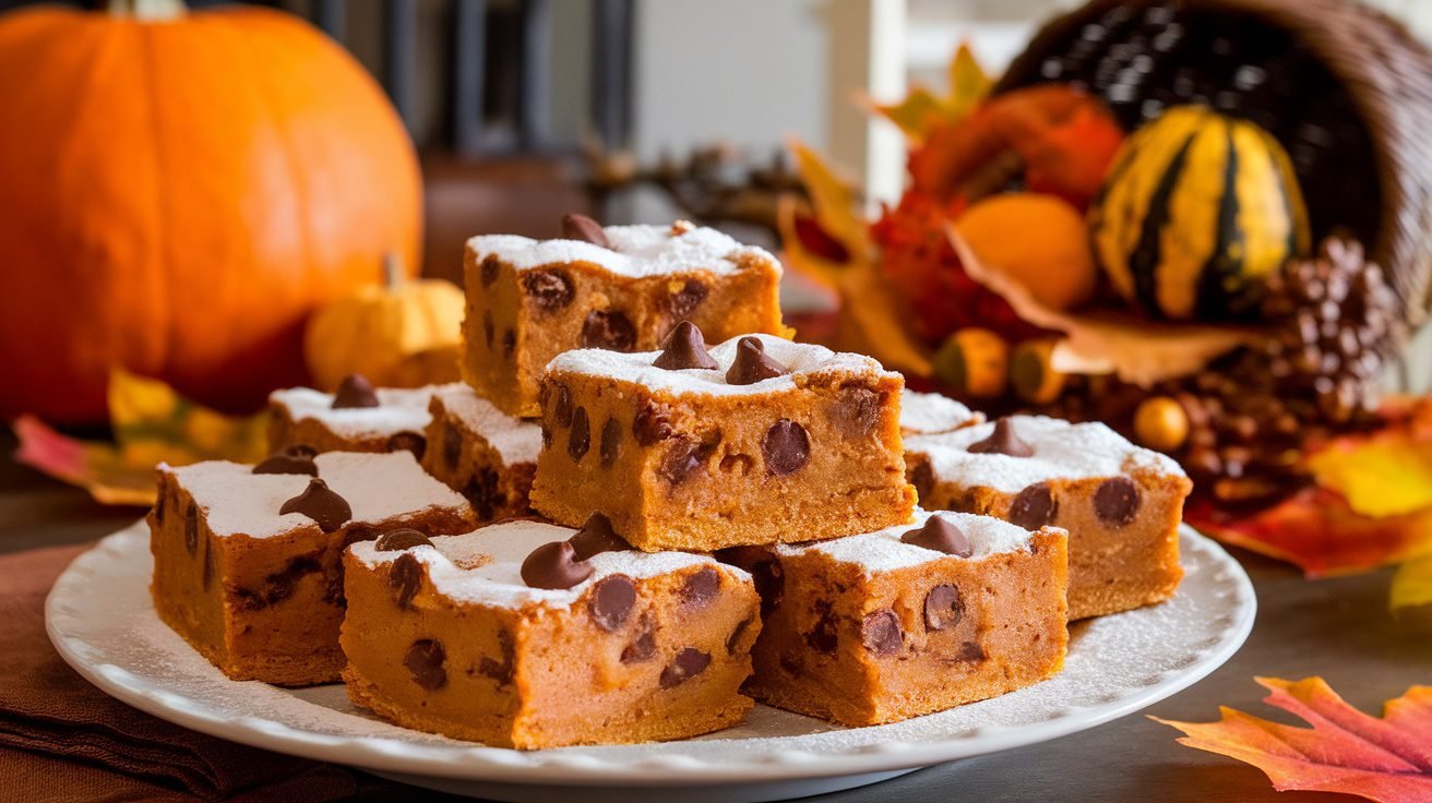 Pumpkin chocolate chip bars on a plate, dusted with powdered sugar, in a cozy kitchen setting.