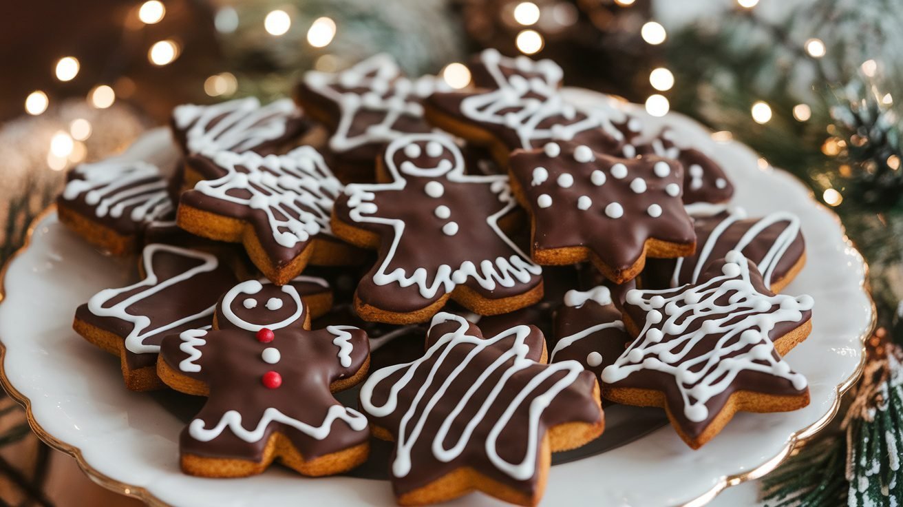 Chocolate dipped gingerbread cookies on a festive plate with holiday decorations.