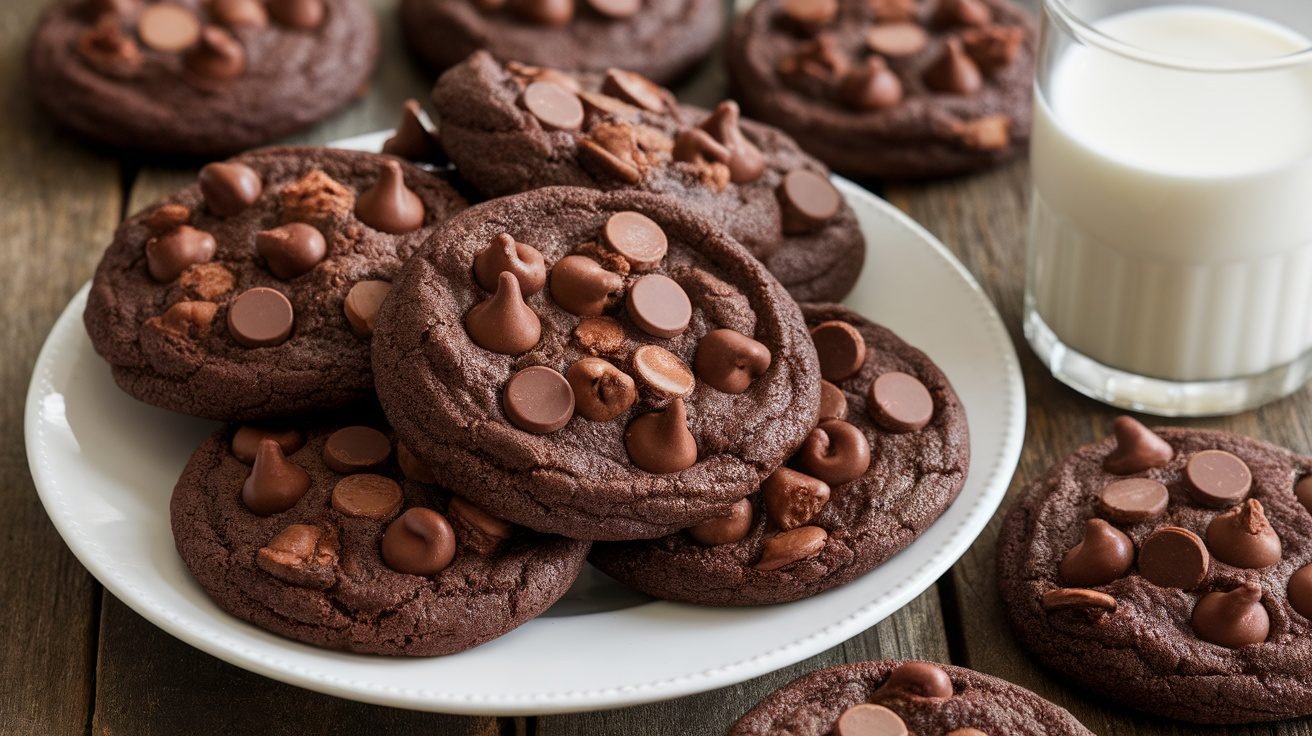 A plate of triple chocolate chip cookies with dark, milk, and white chocolate chips, served with a glass of milk.