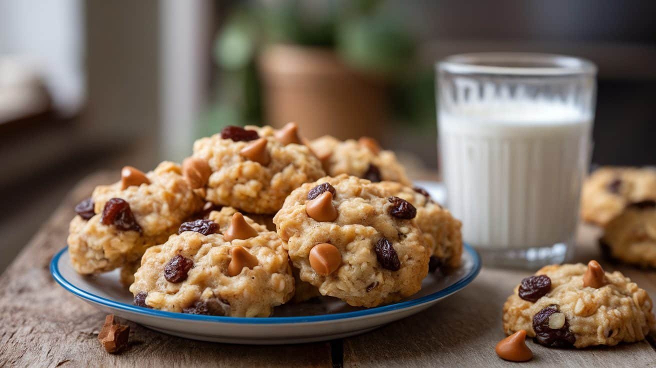 A plate of oatmeal raisin butterscotch cookies with raisins and butterscotch chips, accompanied by a glass of milk.