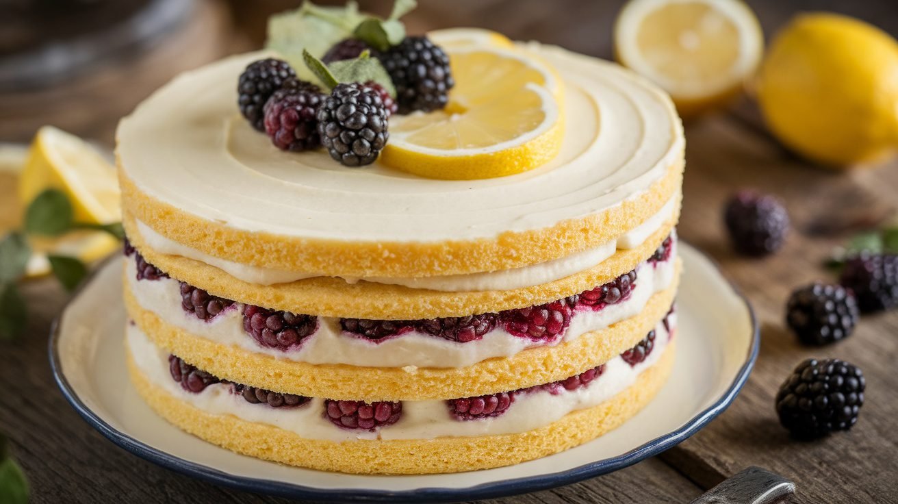 A layered Blackberry Lemon Cake with lemon frosting and fresh blackberries on top, set on a rustic wooden table.