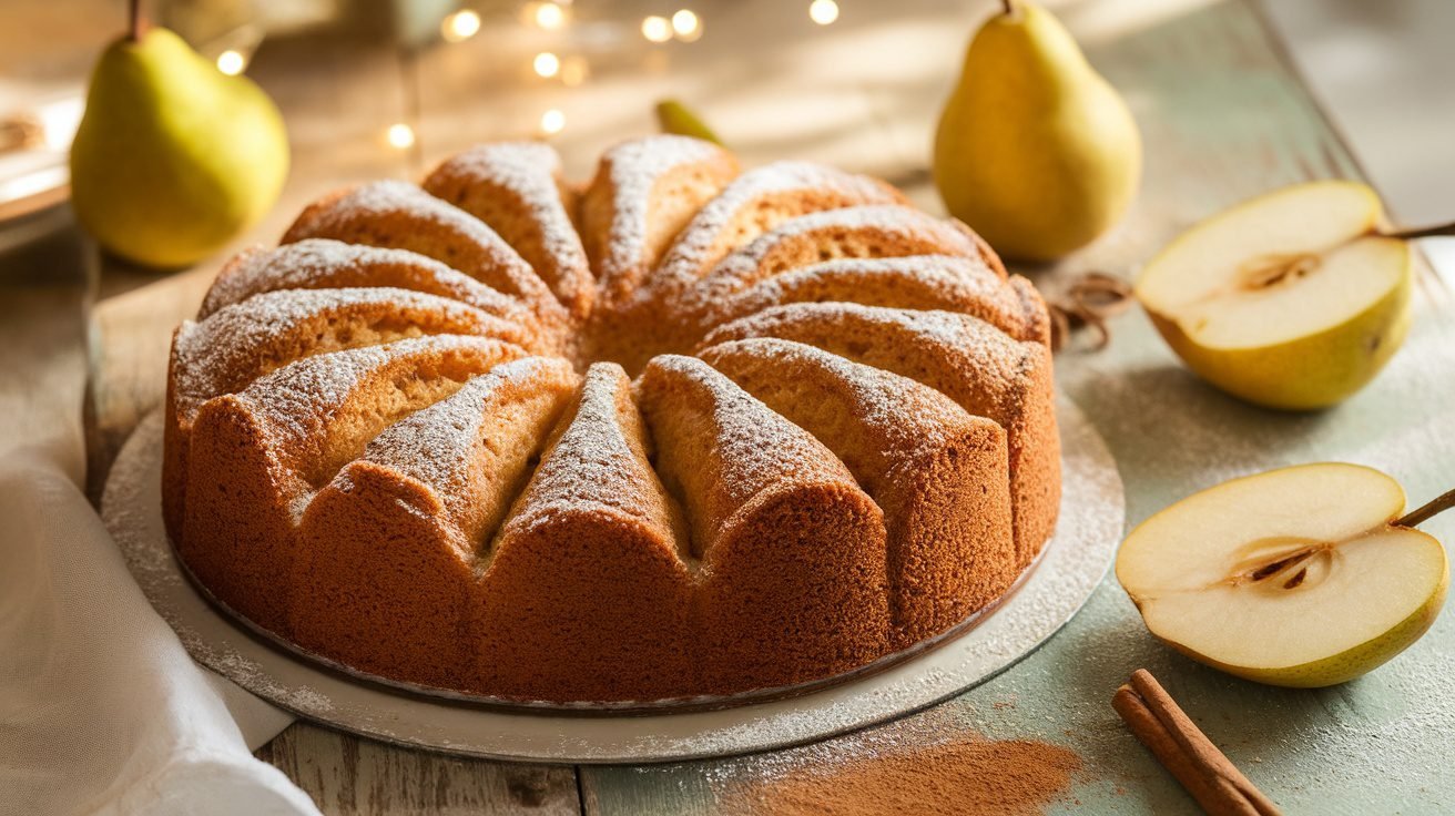 Moist spiced pear cake dusted with powdered sugar, surrounded by fresh pears and cinnamon.