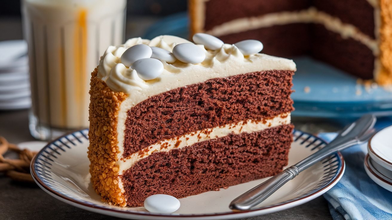 A slice of root beer float cake with vanilla frosting, garnished with candies, next to a glass of root beer float.