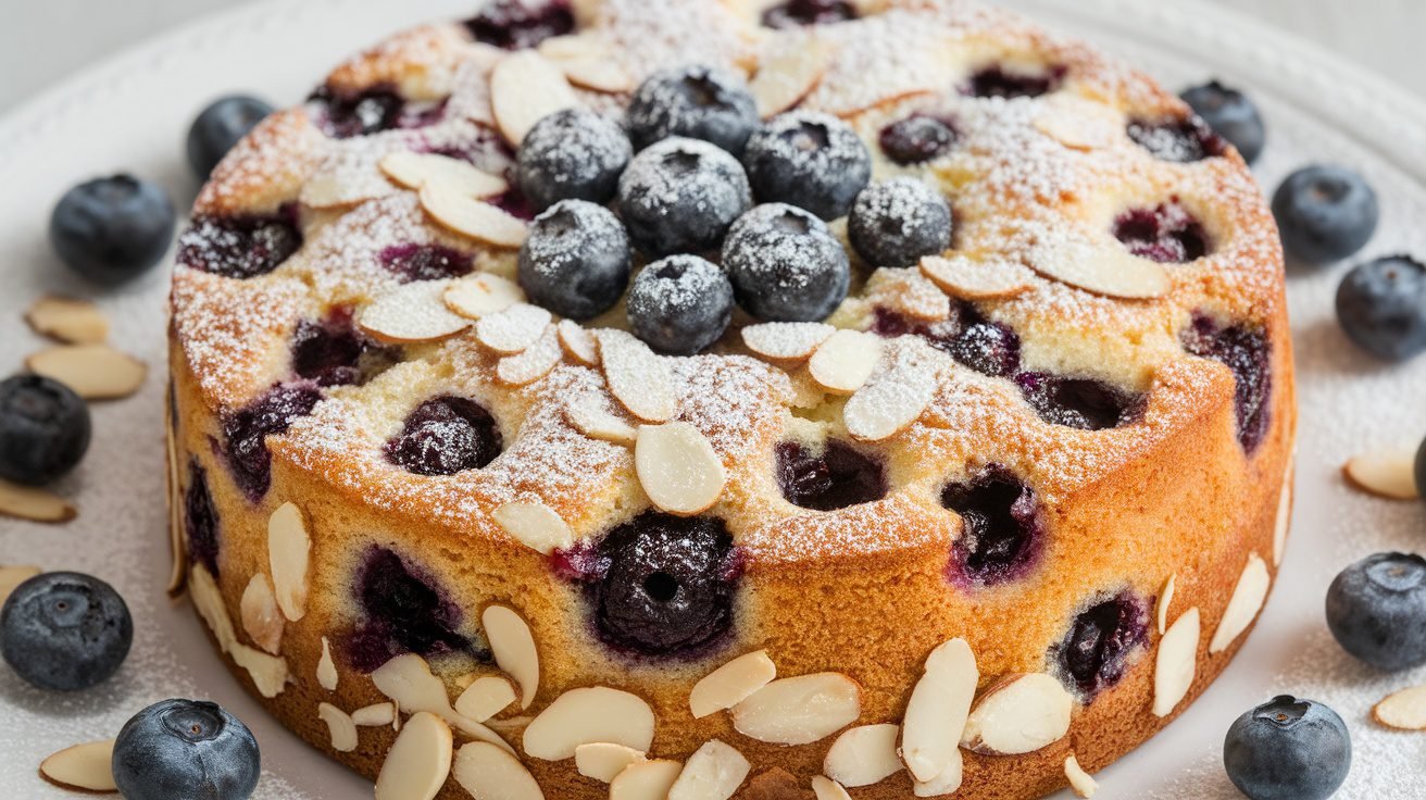 Blueberry almond cake on a white plate, topped with almonds and blueberries, dusted with powdered sugar.