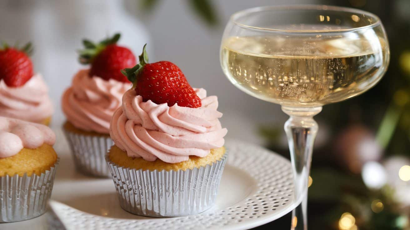 Strawberry champagne cupcakes with pink frosting and fresh strawberries, served with a glass of champagne.