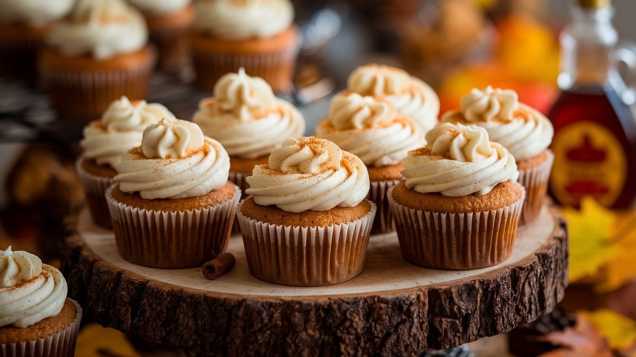 Maple Cinnamon Cupcakes with maple frosting and cinnamon, displayed on a wooden platter.