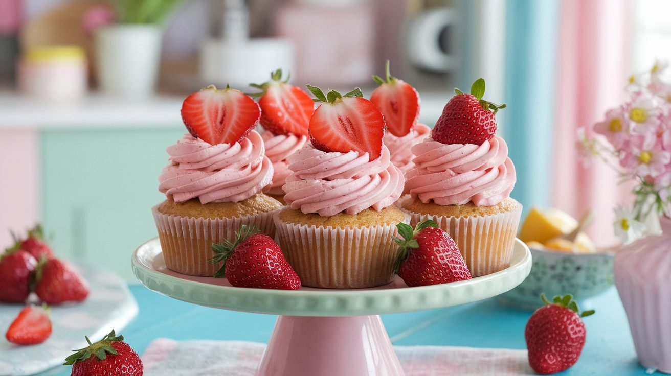Strawberry milkshake cupcakes with pink frosting and fresh strawberries on top, displayed on a pastel plate.