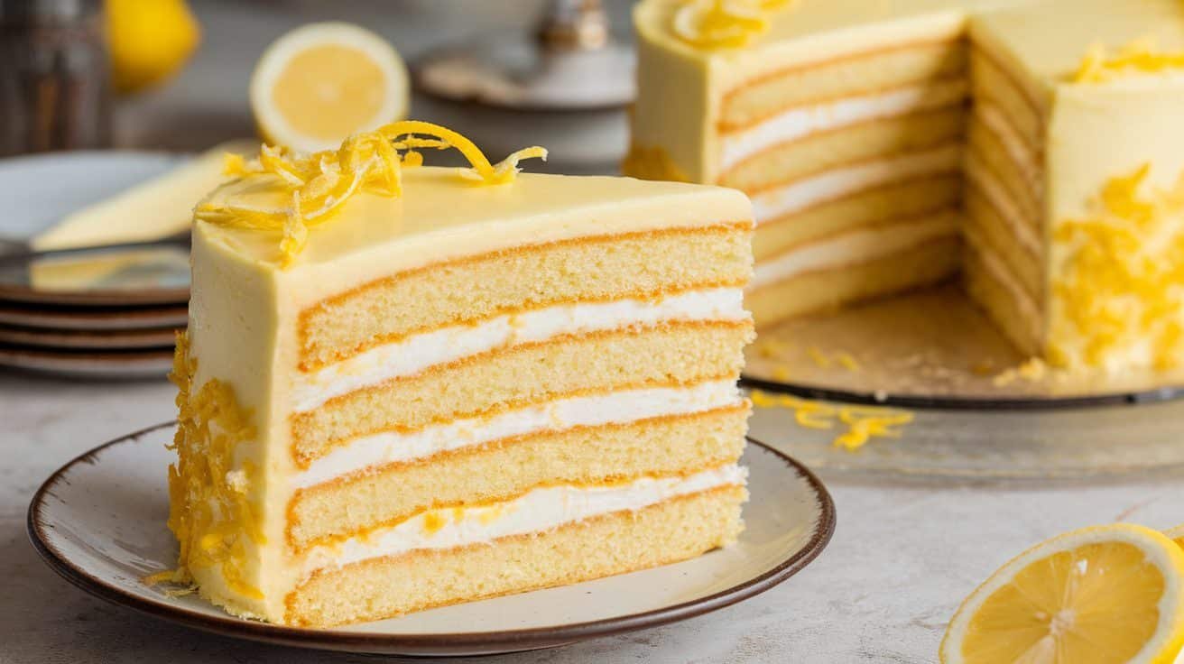 A three-layer lemon cream cake with lemon filling and frosting, garnished with lemon zest, on a rustic table.