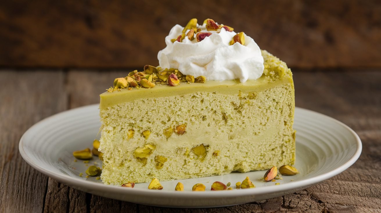 Slice of pistachio pudding cake with whipped cream and pistachios on a plate.