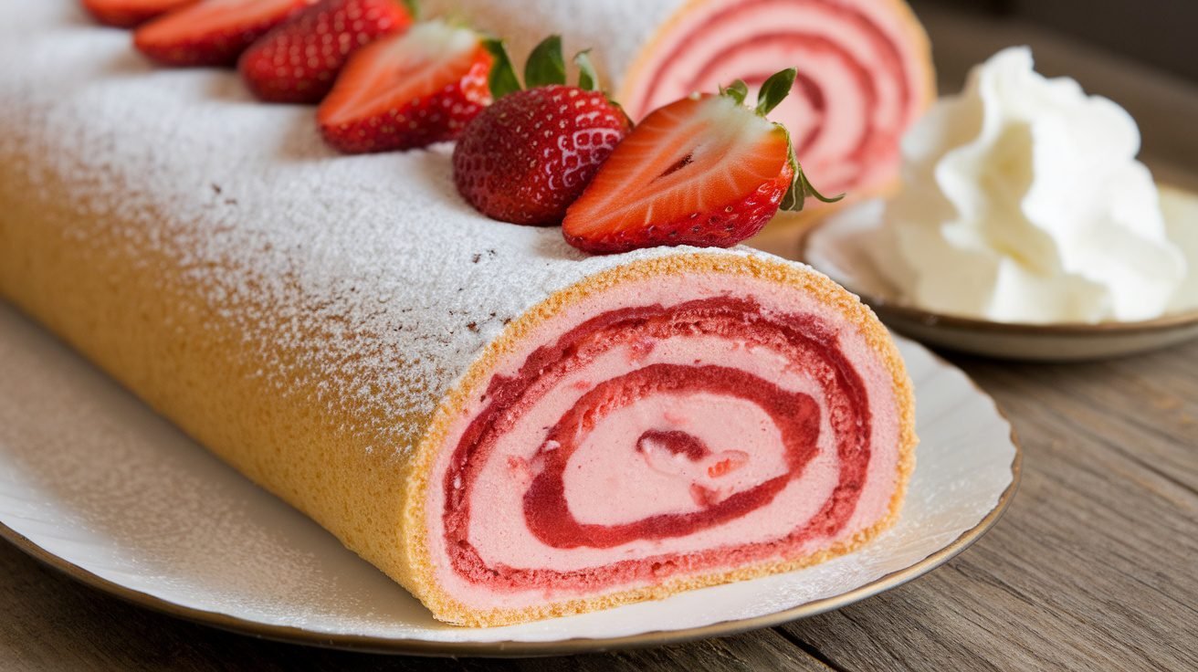 Sliced strawberry jam cake roll with powdered sugar and fresh strawberries on a wooden table.