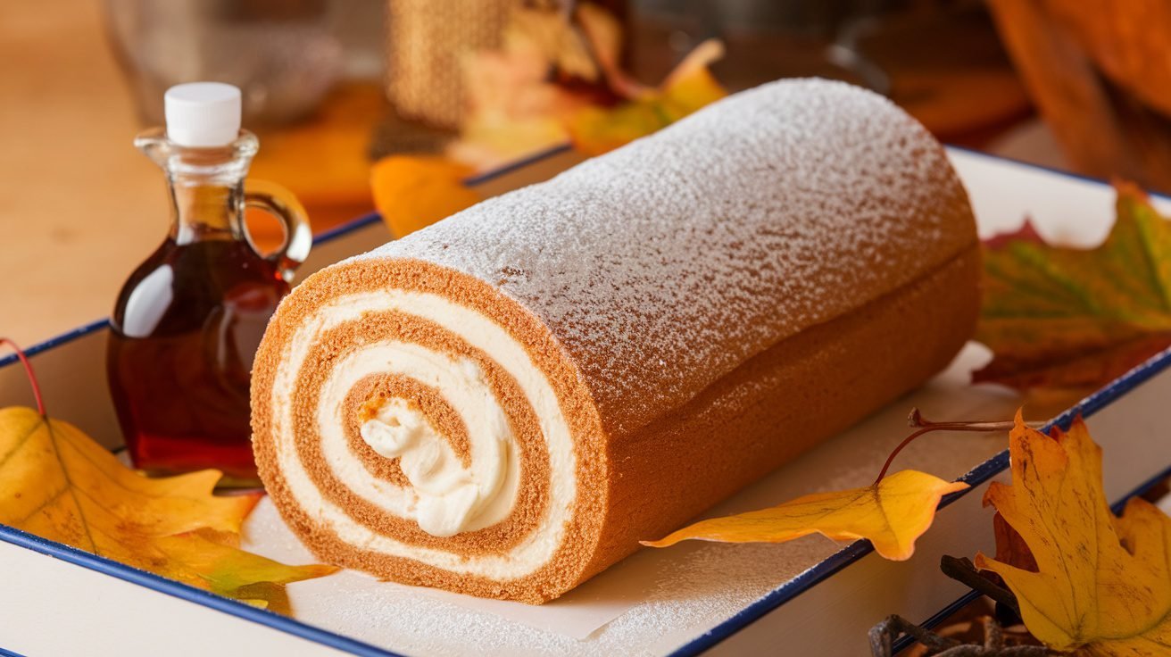 Maple cream cake roll dusted with powdered sugar, with creamy filling visible, on a wooden table with autumn leaves.