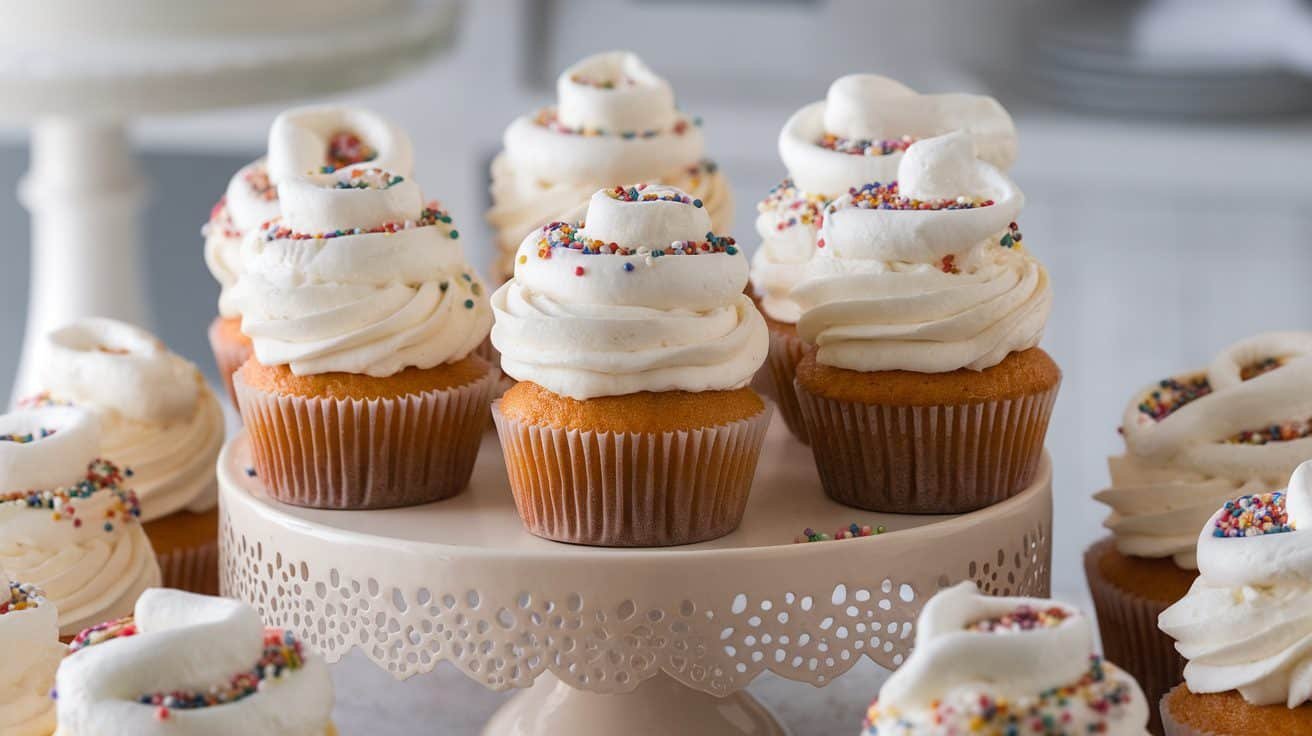 Marshmallow frosted cupcakes topped with sprinkles on a cake stand in a bright kitchen.
