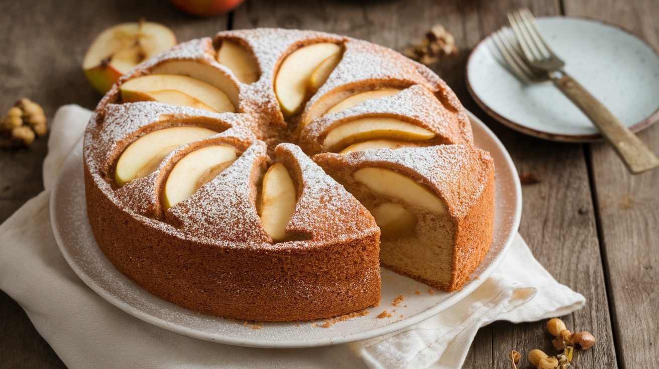 Brown sugar apple cake with powdered sugar on top, sliced to show moist apple-filled interior, on a rustic wooden table.
