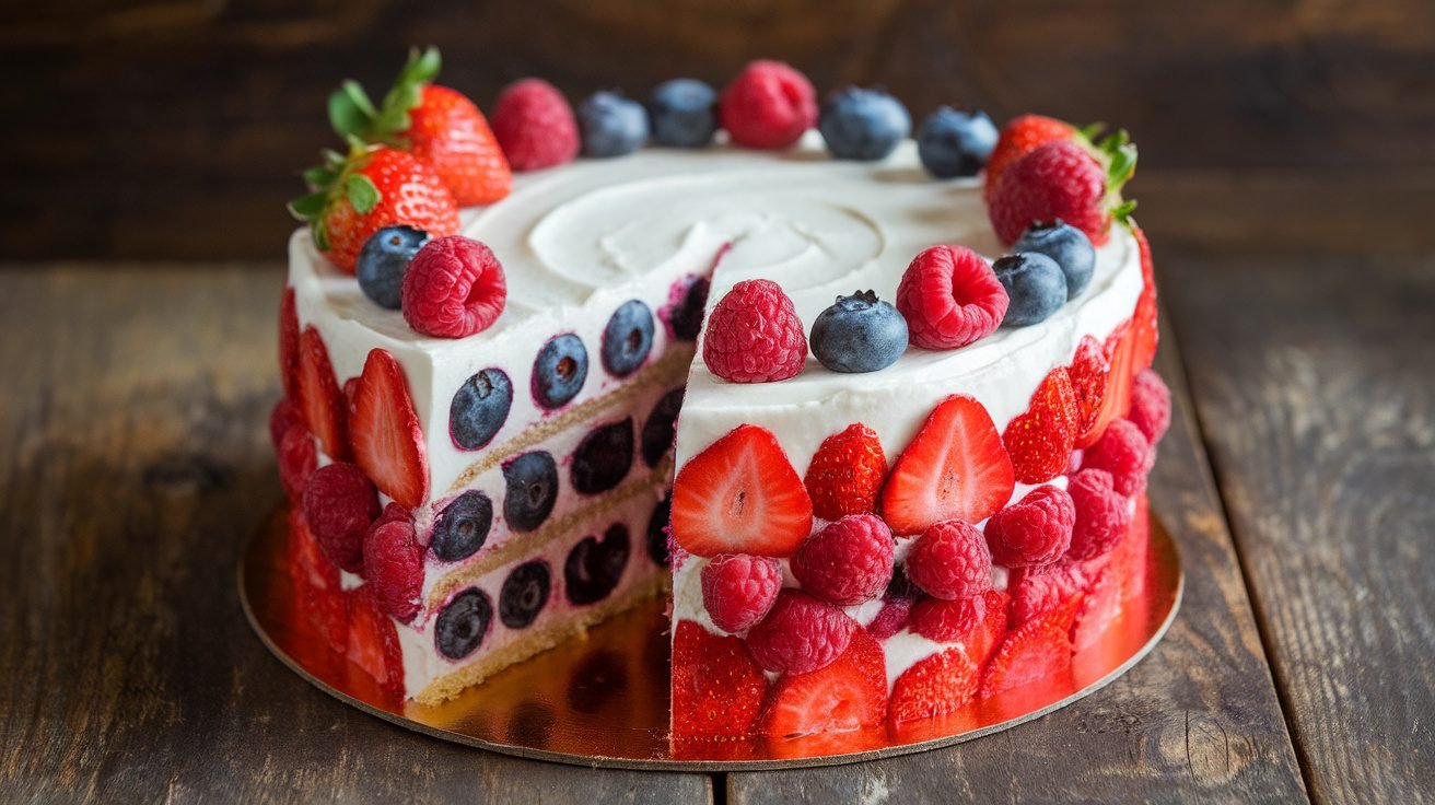 Triple Berry Cake with layers of strawberries, blueberries, and raspberries, topped with whipped cream and fresh berries.