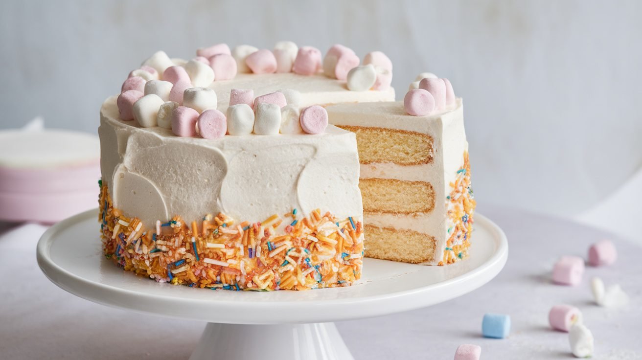 Fluffy Marshmallow Cloud Cake topped with mini marshmallows on a white cake stand.