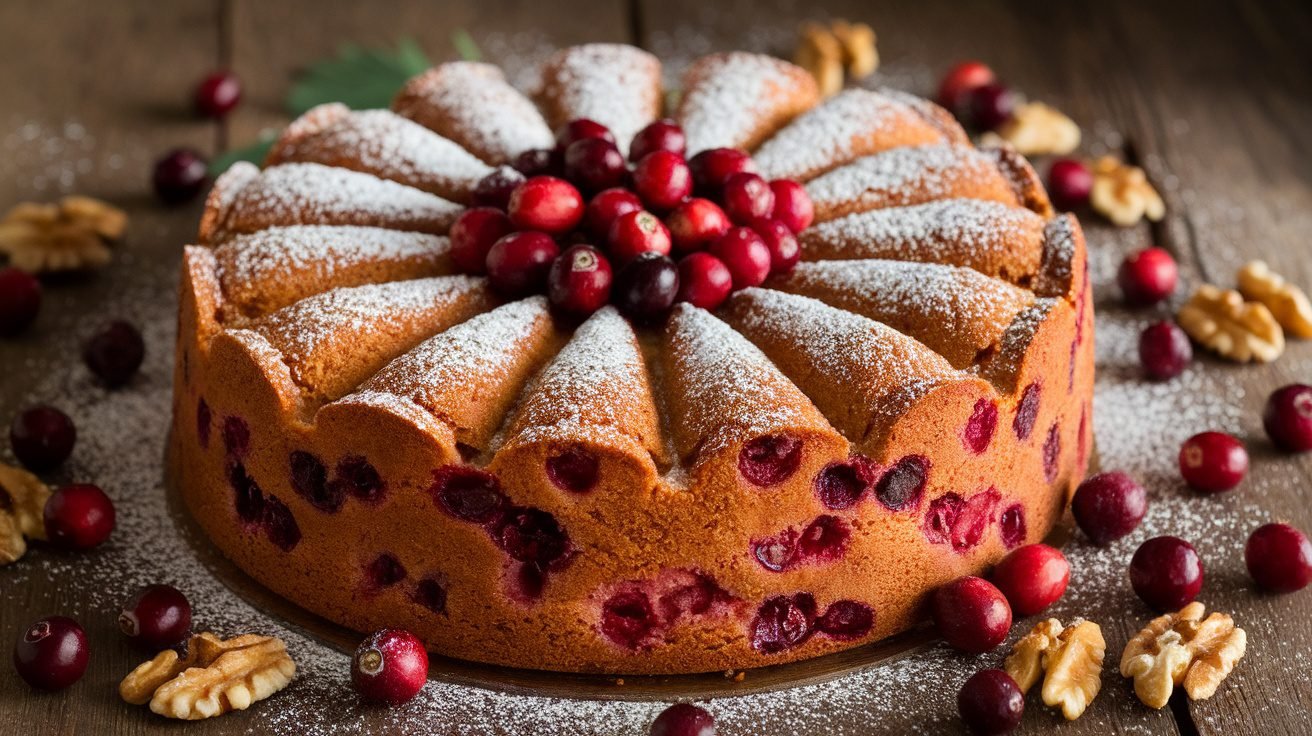 A golden brown cranberry walnut cake dusted with powdered sugar, surrounded by fresh cranberries and walnuts on a wooden table.