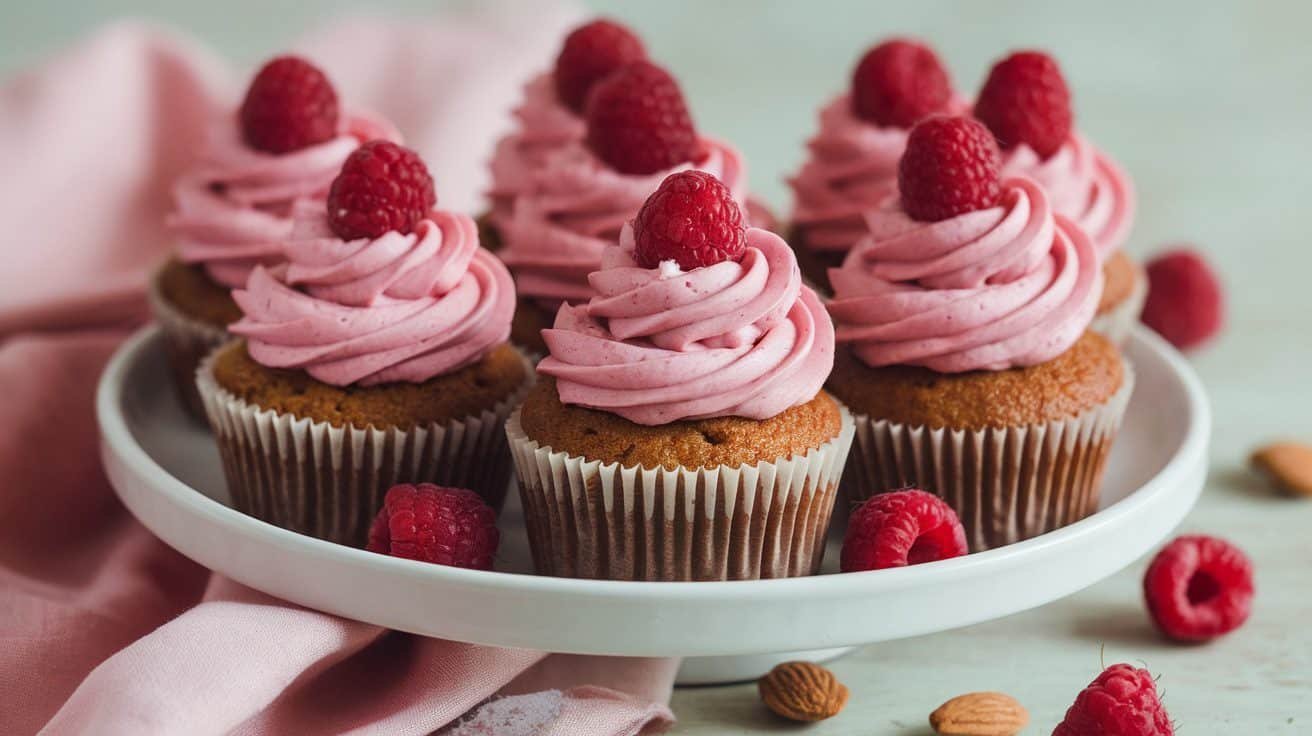 A plate of almond raspberry cupcakes with raspberry frosting and fresh raspberries on top.