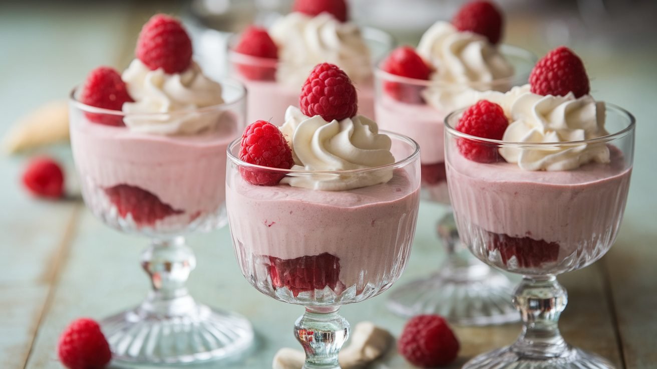 Delicious raspberry white chocolate mousse in glass cups, garnished with fresh raspberries and whipped cream.