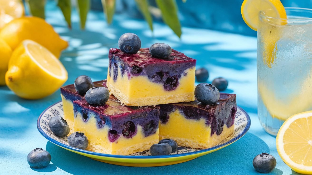 Lemon blueberry freezer bars on a plate with blueberries, set in a sunny outdoor setting.