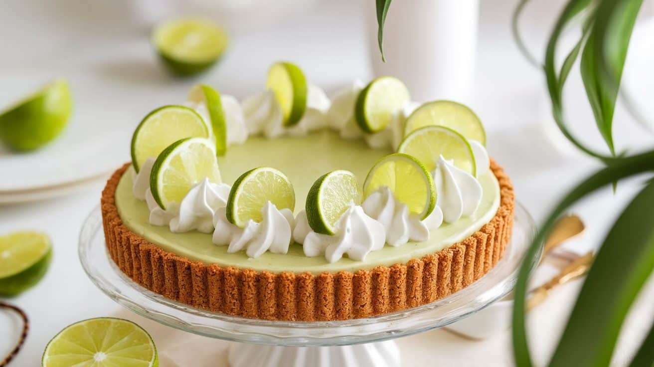 Key Lime Ice Cream Pie with graham cracker crust, garnished with lime slices and whipped cream.