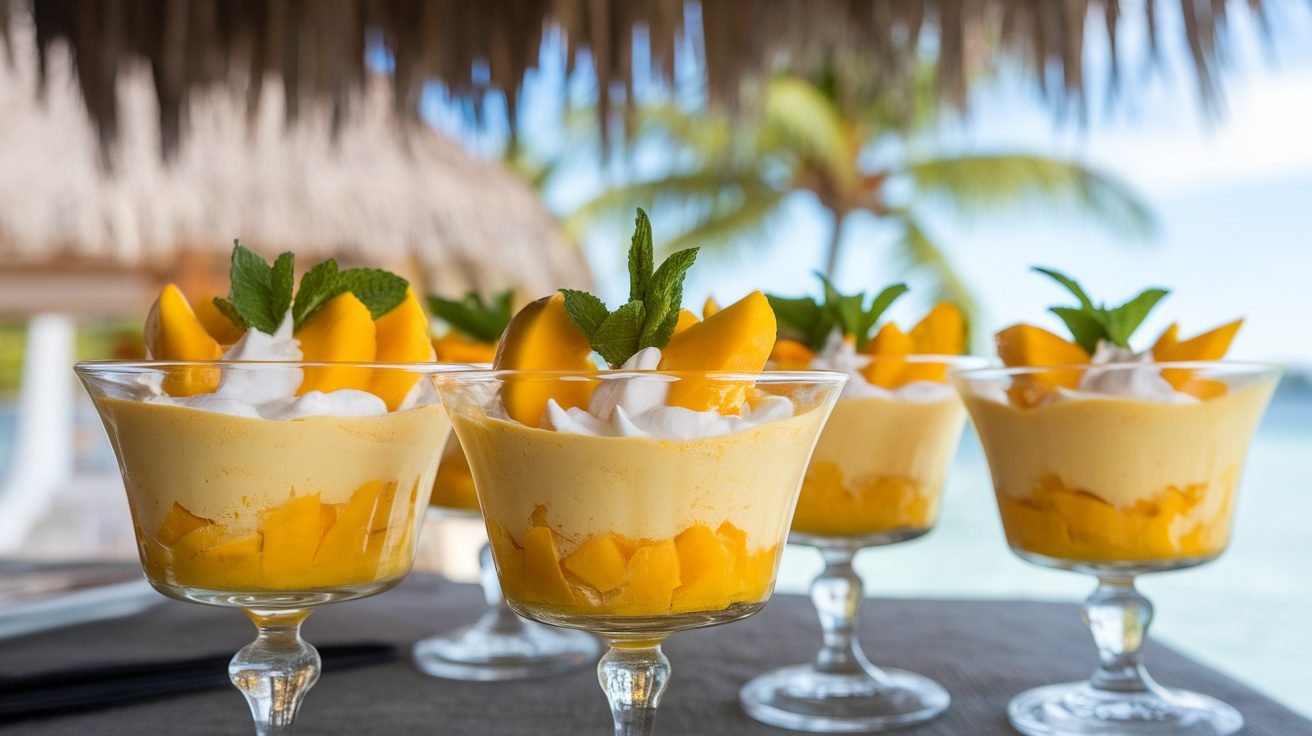 Coconut mango mousse in glass cups garnished with mango slices and mint leaves.